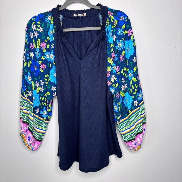 Umgee Waffle Blue Blouse Size XL Bright Floral Balloon Sleeve Navy Boho - Picture 9 of 9